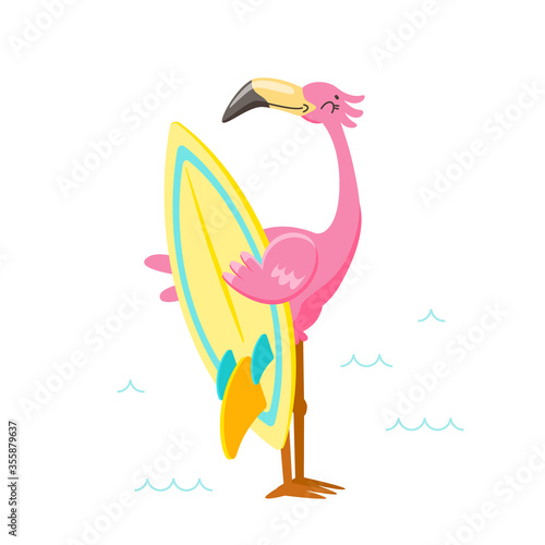 Cute Pink Flamingo with Surf Board on Beach. Cartoon Character on Summer Vacation. Kawaii Personage Summertime Activity and Spare Time. T-shirt Print Isolated on White Background. Vector Illustration