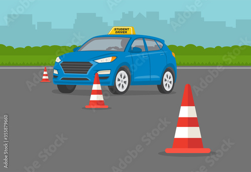 Driver on suv car passes the driving test. Perspective and front view. Flat vector illustration.