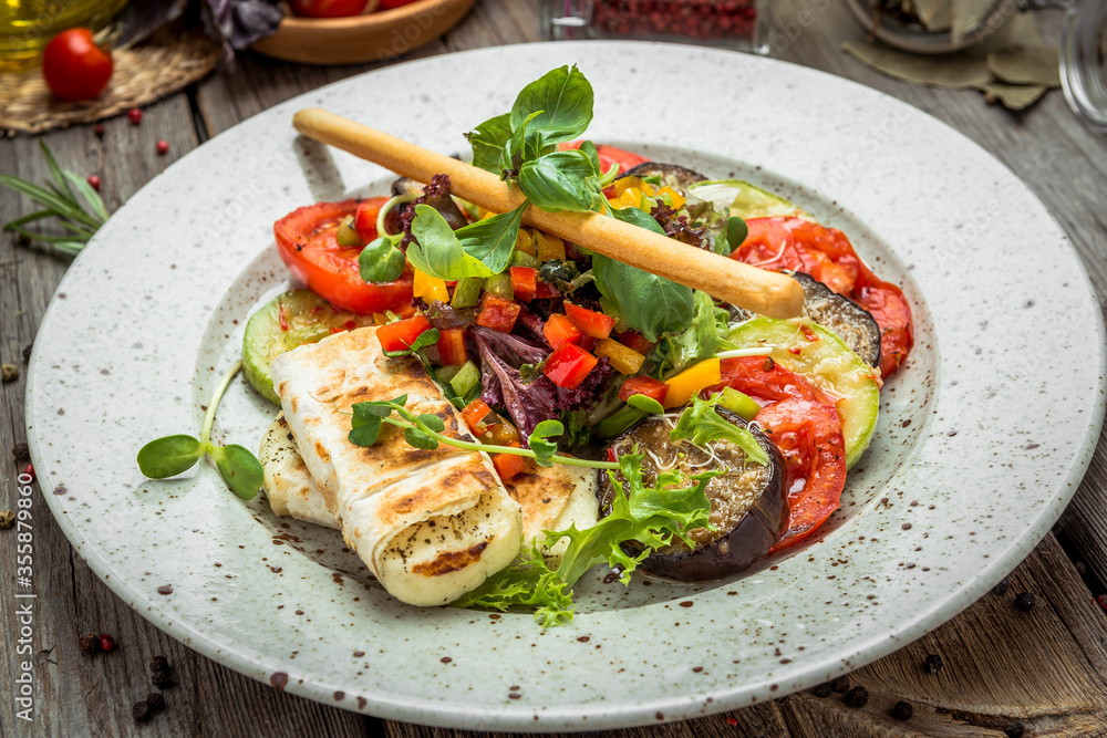 grilled vegetables, grilled suluguni cheese