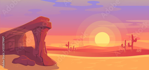 Desert landscape vector illustration. Cartoon panoramic nature scenery with dry sand land, sandstone rock canyon, cactuses silhouettes, clouds of dust in red sunset sky, sun low on desert horizon