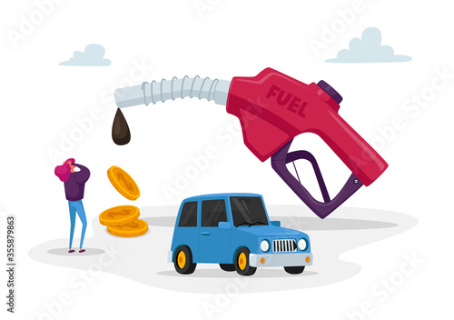Tiny Female Character on Gas Station Stand at Huge Filling Gun with Pouring Fuel and Falling Golden Coins. Petroleum Station, Refueling Car, Gasoline Service for Drivers. Cartoon Vector Illustration