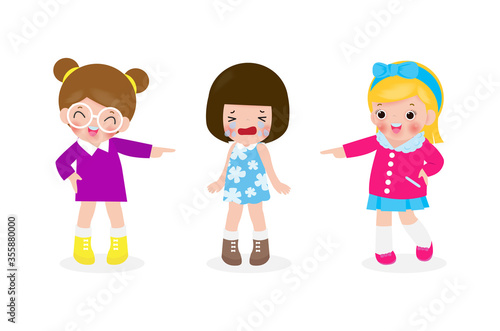 bullying children at school. School girls and gill laughing and pointing at cry girl  kids bully friend bad behavior, Bullying children cartoon characters vector illustration on white background