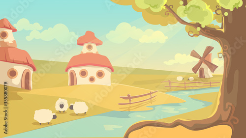 Fantasy rural landscape vector illustration. Cute cartoon summer sunny day scenery, countryside village with fairy tale houses, old windmill, sheep grazing by river. Fantasizing dream land background