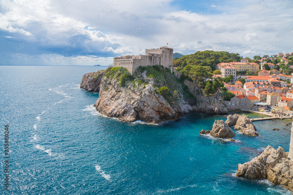 View of Dubrovnik Fortresses Lovrijenac and Bokar seen from south old walls. Croatia. South Dalmatia View of Dubrovnik Fortresses Lovrijenac and Bokar seen from south old walls. Croatia. South Dalmatia