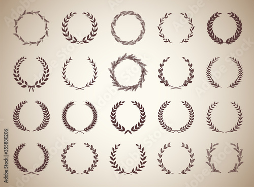 Collection of circular vintage laurel wreaths. Can be used as design elements in heraldry on an award certificate manuscript and to symbolise victory illustration in silhouette