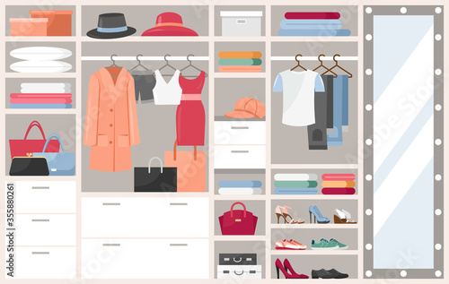 Open wardrobe with clothes vector illustration. Cartoon flat shelves boxes with woman man things, shoes or hats, clothing on hangers in closet cupboard. Opened dressing room organization background