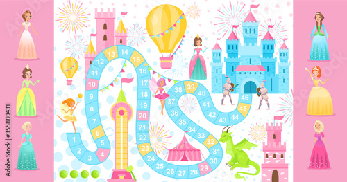 Fairy princess board game vector illustration. Cartoon flat boardgame template with path road to medieval castle, dragons, knights on way. Fun game background for family players team, girl gamers
