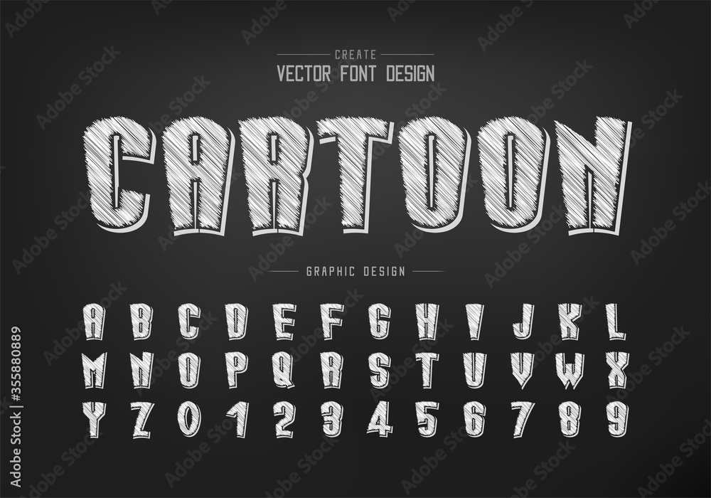 Pencil font cartoon font and alphabet vector, Sketch tall typeface letter and number design, Graphic text on background