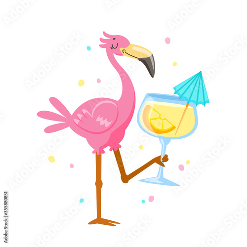 Pink Flamingo Drinking Cocktail. Cartoon Kawaii Bird Character on Summer Vacation. Cute Personage Summertime Activity and Spare Time. T-shirt Print Isolated on White Background. Vector Illustration