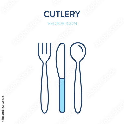 Cutlery icon. Set of vector simple outline illustrations of fork  knife and spoon in white background. Represents a concept of serving food  tableware  kitchen  restaurant or canteen symbol or logo