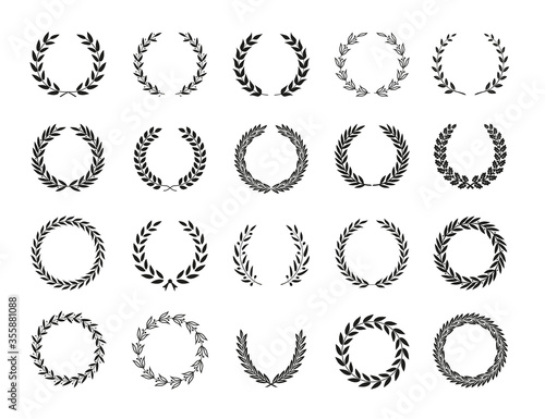 Set of different black and white silhouette circular laurel foliate, wheat and olive wreaths depicting an award, achievement, heraldry, nobility, emblem. Vector illustration.