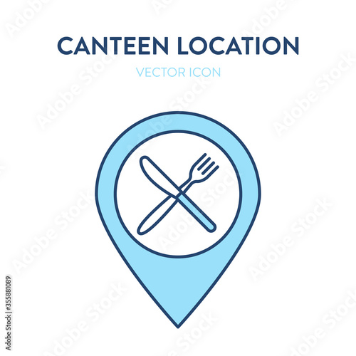 Canteen location icon. Vector outline illustration of fork and knife inside of a location sign. Represents a concept of finding a place to eat, cafe city position symbol or logo