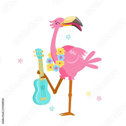 Cute Pink Flamingo in Flower Wreath Play Ukulele Isolated on White Background. Cartoon Character Summer Vacation. Kawaii Personage Summertime Activity and Spare Time. T-shirt Print Vector Illustration