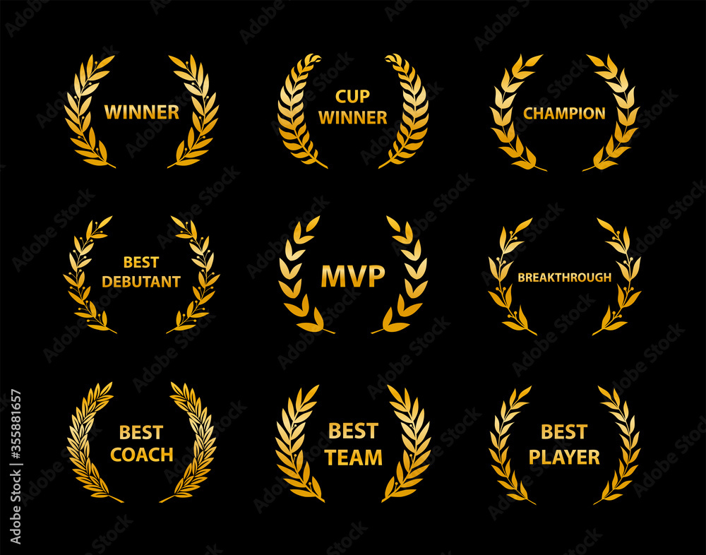 Gold sport awards and best nominee award wreaths on black background. Vector illustration. Gold sport awards and best nominee award wreaths on black background. Vector illustration.