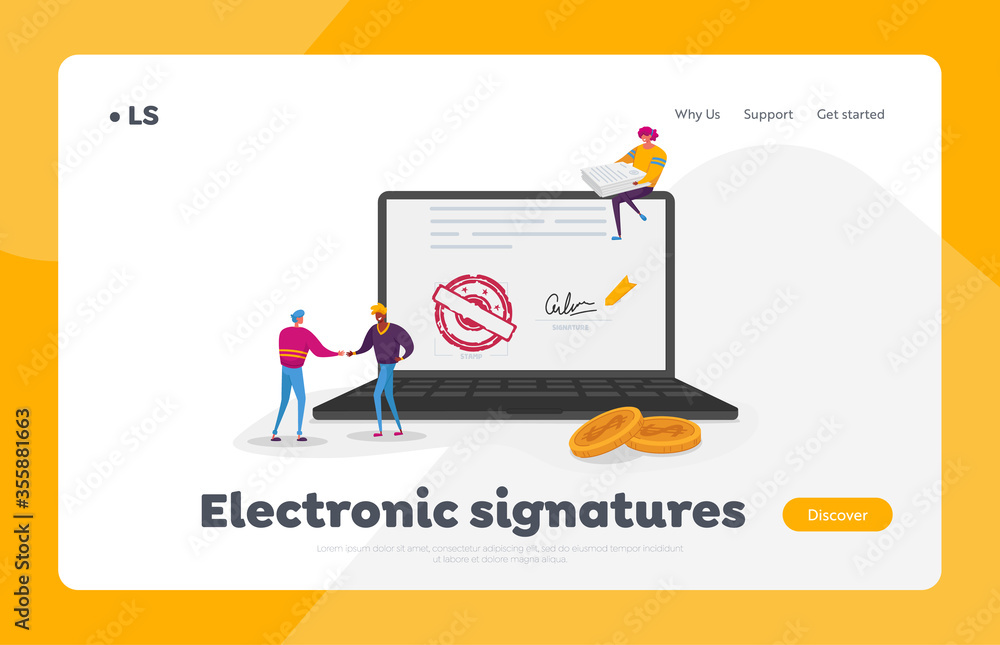 Digital Signature Landing Page Template Tiny Characters at Huge Laptop with Document and Stamp on Screen. Businessmen Shaking Hand, Woman with Papers Sitting on Top. Cartoon People Vector Illustration