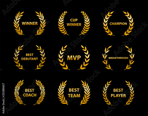 Gold sport awards and best nominee award wreaths on black background. Vector illustration.