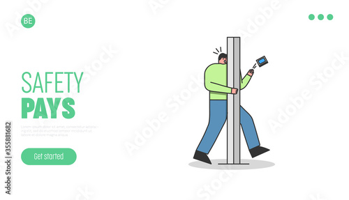 Landing page with careless man bumping road pillar while using smartphone