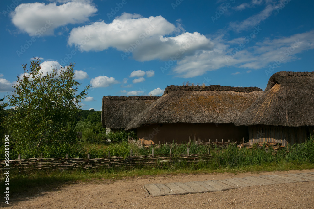 reconstructed thatched viking houses in Hedeby