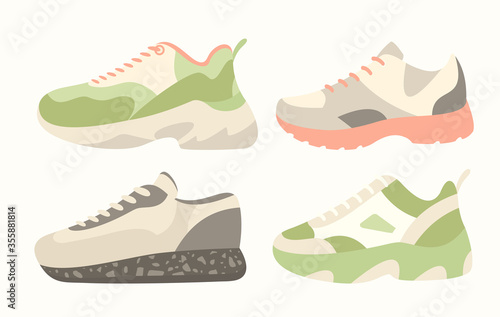 Snickers shoes vector illustration. Cartoon flat collection of man woman fashion footwear in different colors, sneakers shoes for fitness sport activity, casual fashionable footgear isolated on white