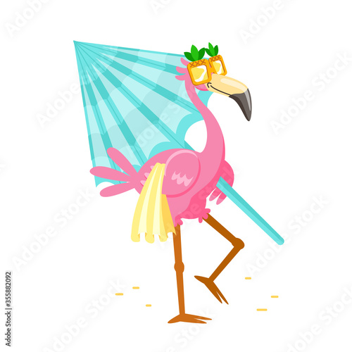 Cute Cartoon Pink Flamingo in Funny Sunglasses with Towel and Umbrella Walk to Beach. Character Summer Vacation. Kawaii Personage Summertime Activity and Spare Time. T-shirt Print Vector Illustration