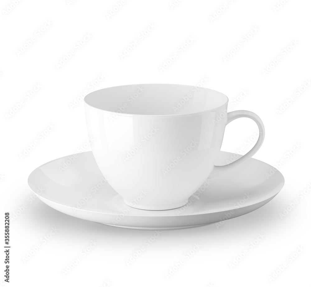 White cup and saucer. Isolated on a white background. 3D illustration White cup and saucer. Isolated on a white background. 3D illustration