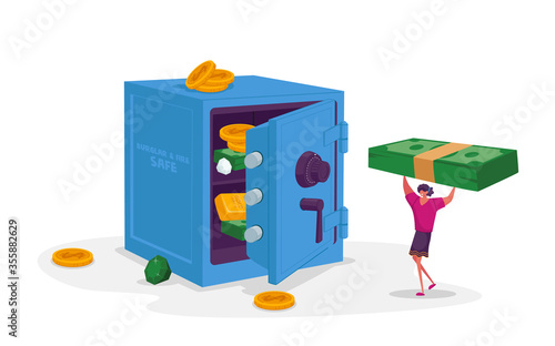 Tiny Female Character Carry Huge Dollar Bills to Bank Safe with Money, Gold Bars and Diamonds. Business Woman Making Investment, Cash Safety, Finance Protection, Deposit. Cartoon Vector Illustration