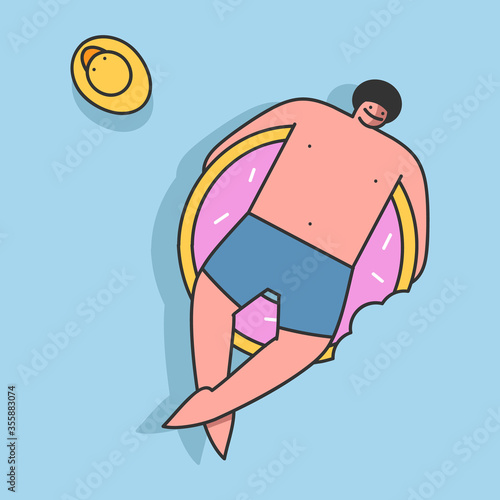 Man in swimsuit on inflatable mattress floating. Relaxed cartoon guy sunbathing, view from above