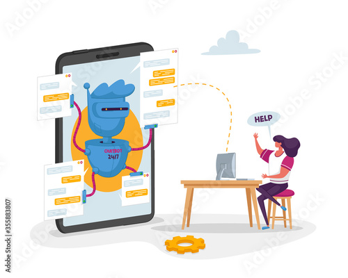 Chatbot Robot on Huge Cellphone Ready to Help Customer Character with Laptop. Ai Faq Support, Online Consultation. Future Innovation, Artificial Intelligence Technology. Cartoon Vector Illustration
