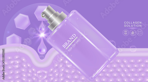 Beauty product ad design, purple cosmetic container with collagen solution advertising background ready to use, luxury skin care banner, illustration vector.	