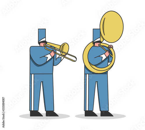 Military orchestra musicians in festival uniform playing trombone and trumpet
