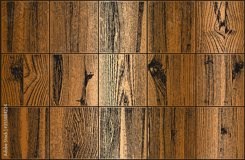 Set of distressed overlay golden wooden plank texture, grunge background.