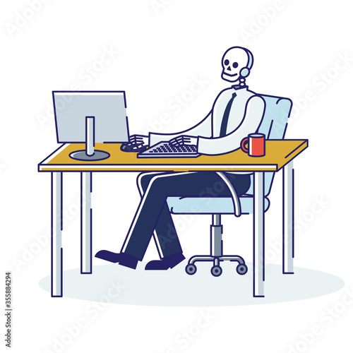 Workaholic business man skeleton working on computer. Overworked exhausted office worker