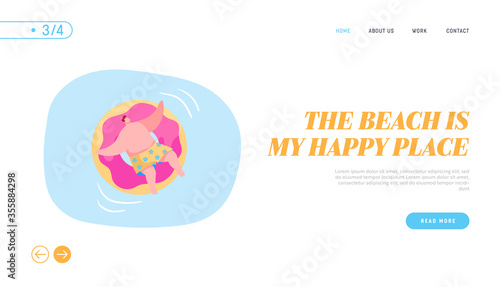 Resort or Hotel Relaxation in Swimming Pool Landing Page Template. Happy Male Character Float in Ocean or Sea Enjoying Summer Vacation Floating on Inflatable Mattress. Cartoon Vector Illustration