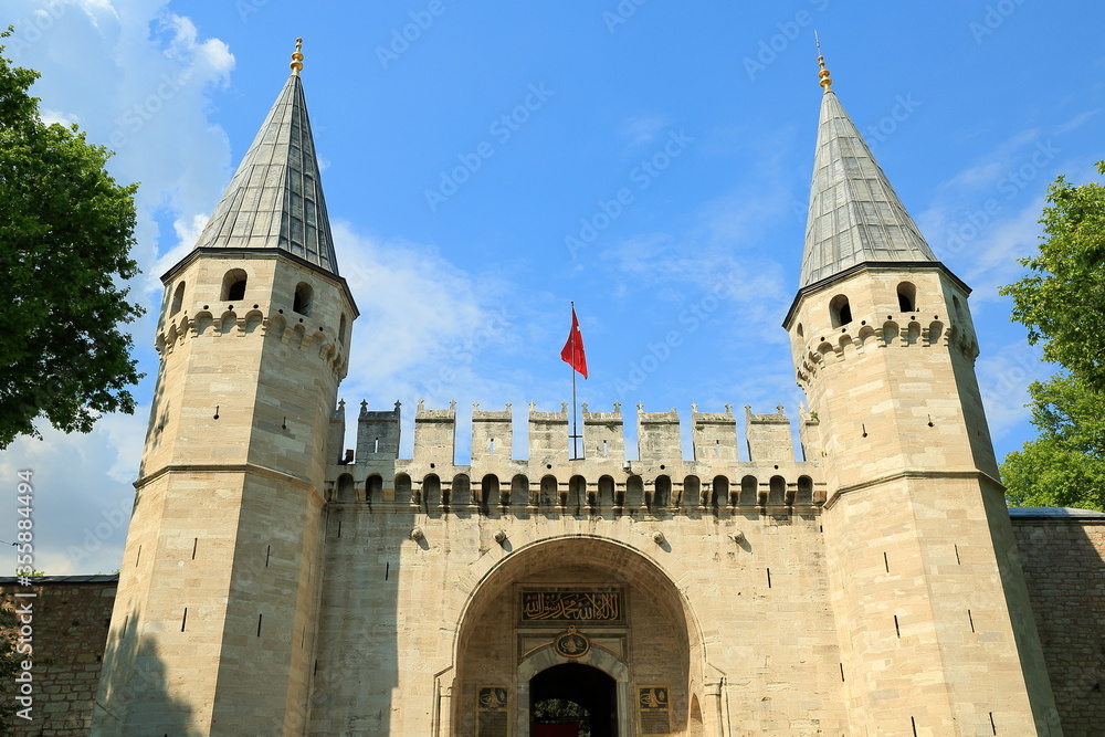 Topkapi Palace, Istanbul, Turkey - July 20, 2019: Approximately four hundred years of empire administration, and art was used as a training center. It was also the home of the sultan. (Year: 1478)