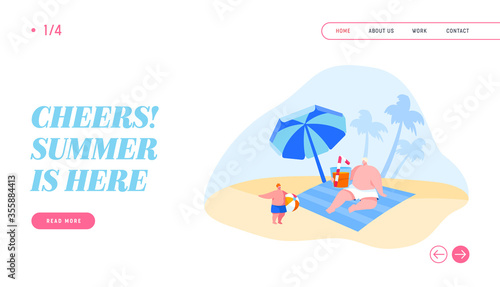People on Tropical Resort Landing Page Template. Family Characters on Summer Vacation Father Drinking Cocktail, Little Boy Playing with Ball. Summertime Holidays Leisure. Cartoon Vector Illustration