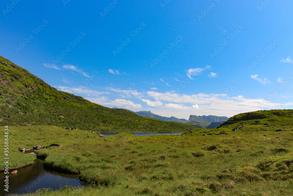 Vue sur une petit lac avec ciel bleu depuis une prairie dans les montagnes des Lofoten