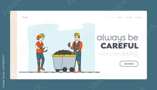 Miners at Work. Extraction Industry Working Occupation Landing Page Template Mine Inspector Character Write Receiving Coal Batch Worker Bring in Trolley from Quarry. Linear People Vector Illustration