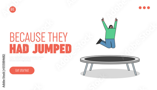 Landing page with girl jumping on trampoline. Young female cartoon character has fun on trampoline