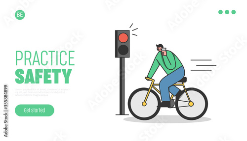 Safety on road template landing page with man on bicycle ride on red light speaking on mobile phone