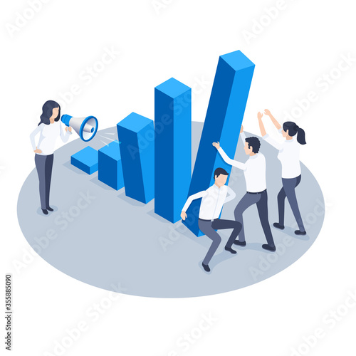 isometric vector image on a white background, business people hold falling chart columns and a woman with a loudspeaker, economic instability
