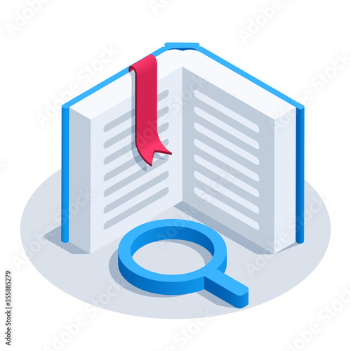 isometric vector image on a white background, open book icon with a red bookmark and magnifier icon, reading books