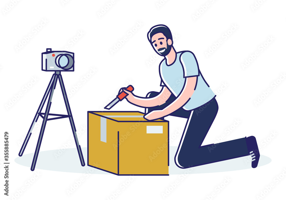 Man vlogger creating unpacking video for blog channel. Guy unboxing purchase and review Man vlogger creating unpacking video for blog channel. Guy unboxing purchase and review