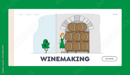 Traditional Wine Making Craft, Industry Landing Page Template Female Winemaker Character Tasting Wine at Wine Cellar with Oak Barrels. Winemaking Fermentation. Linear People Vector Illustration
