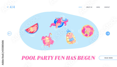 Diverse People Men Women Having Fun, Relaxing on Summer Vacation Resort Landing Page Template. Characters Swimming on Inflatable Mattresses in Ocean, Sea or Swimming Pool. Cartoon Vector Illustration