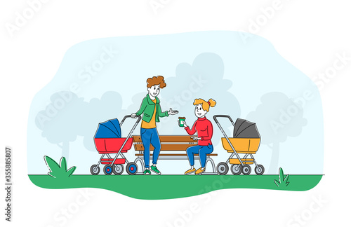 Women Spend Time Together Sitting on Bench Outdoors and Chatting. Girls with Baby Stroller Meeting Friend. Maternity, Parenthood Lifestyle, People Spare Time. Linear Characters Vector Illustration