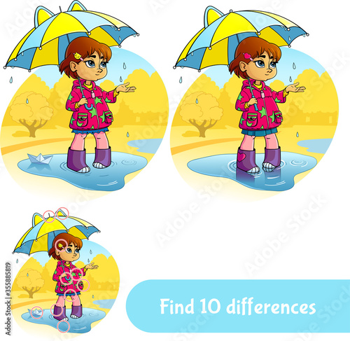 Little girl with umbrella. Find 10 differences. Educational game for children. Cartoon vector illustration.