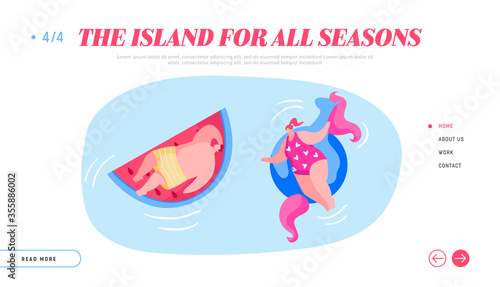 Summertime Relax in Swimming Pool Landing Page Template. People Characters Floating on Inflatable Mattresses Enjoying Summer Time Vacation on Resort Hotel, Ocean or Sea. Cartoon Vector Illustration