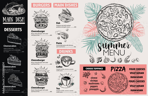 Summer menu. Restaurant food menu design, hand drawn illustrations. Vector food flyer.