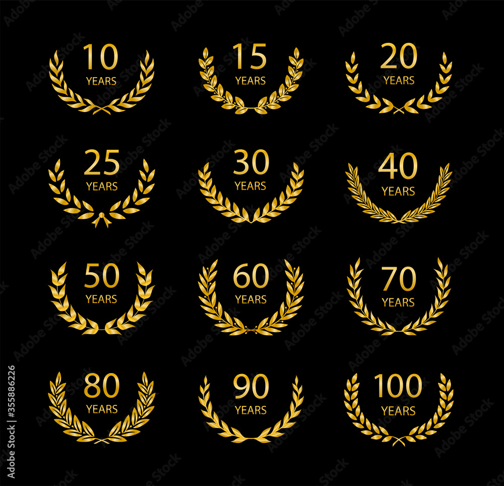 Set of anniversary laurel wreaths. Gold anniversary symbols isolated on black background. 10, 15, 20, 25, 30,40,50,60,70,80,90, 100 years. Template for award and congratulation design. Vector illustra Set of anniversary laurel wreaths. Gold anniversary symbols isolated on black background. 10, 15, 20, 25, 30,40,50,60,70,80,90, 100 years. Template for award and congratulation design. Vector illustra