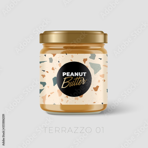 Premium Peanut Butter glass container with Terrazzo pattern on label isolated on light grey background : Vector Illustration